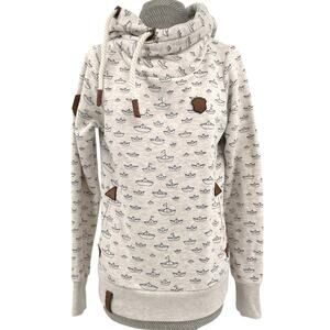 Naketano Paper Sailboats Hoodie Cream Nautical Chunky Cowl Neck Cozy Warm Size M